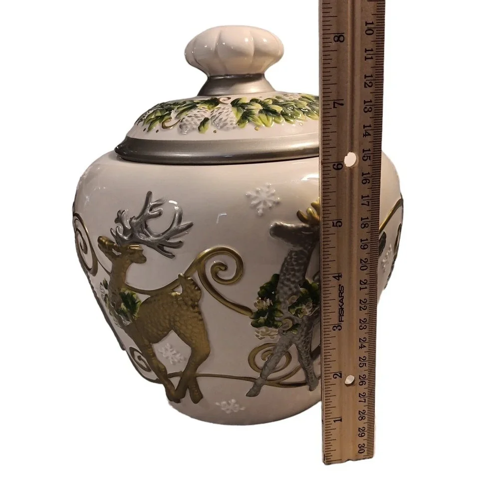 Cheryl & Co. Gold Silver White Vintage Ceramic Christmas 3D Reindeer Cookie Jar